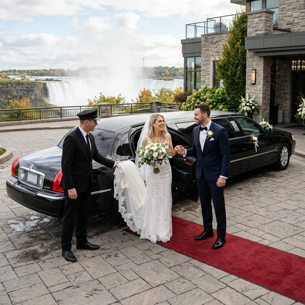 Bride and groom arriving at a Niagara Falls wedding venue in a luxury limousine with a professional chauffeur