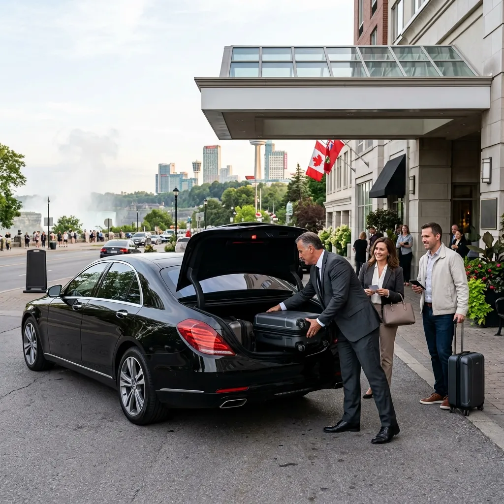 Professional chauffeur helping travelers with luggage during a private airport transfer from a Niagara Falls hotel