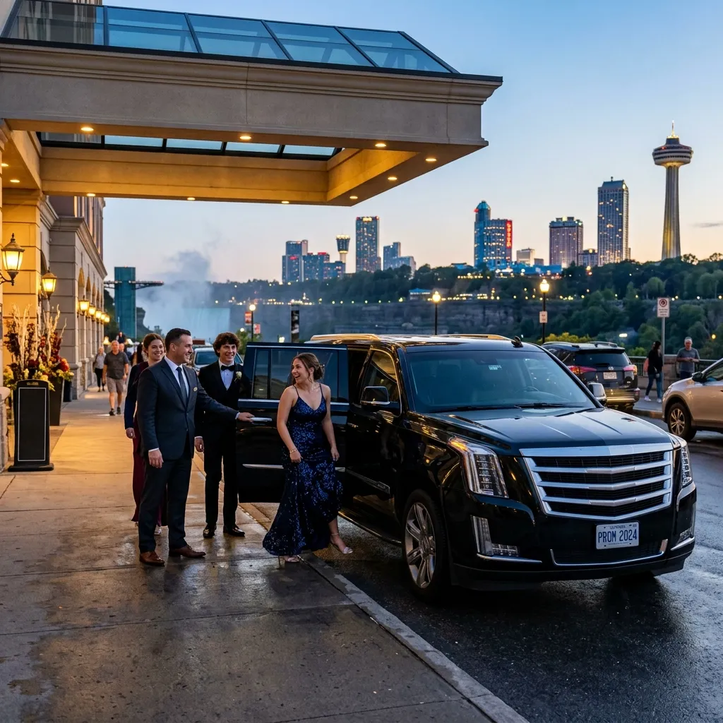 Professional chauffeur providing private prom transportation for students at a Niagara Falls hotel