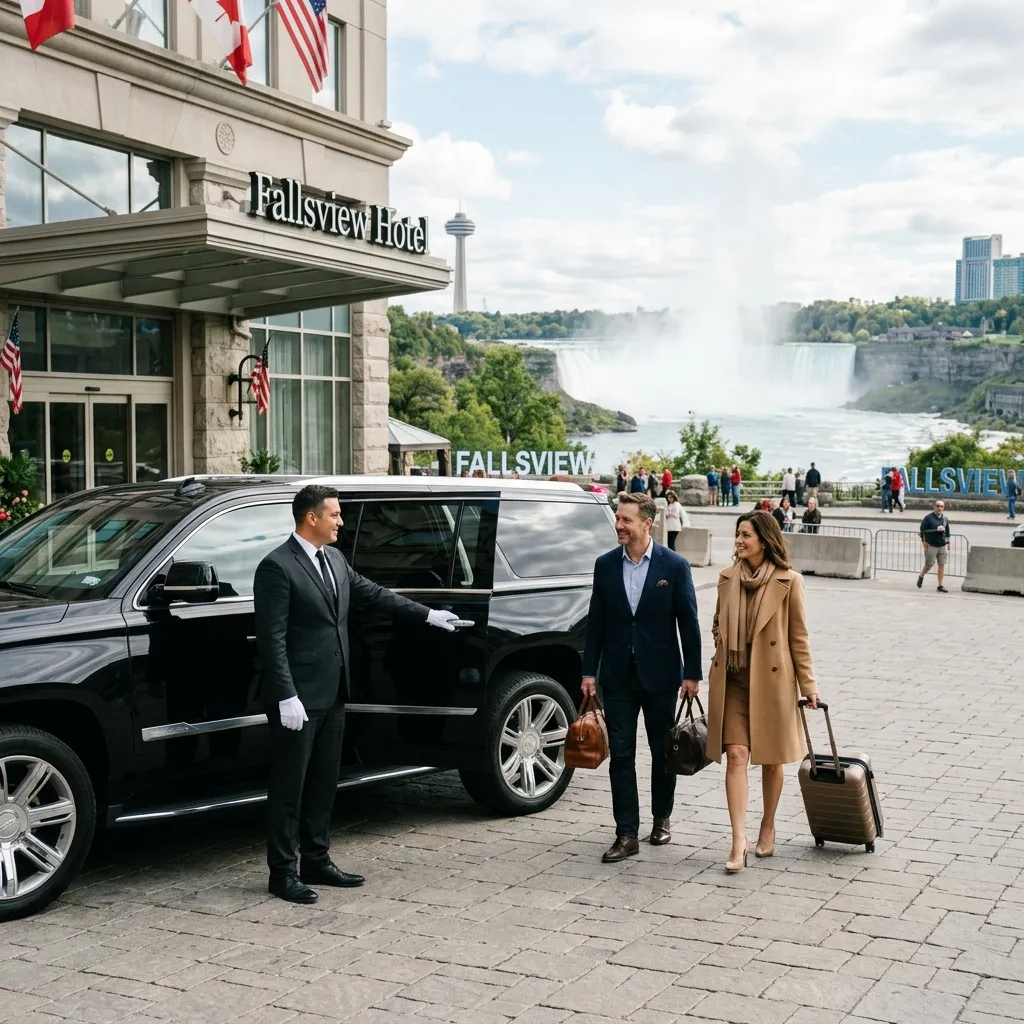 Professional chauffeur welcoming passengers into a luxury SUV outside a Niagara Falls hotel