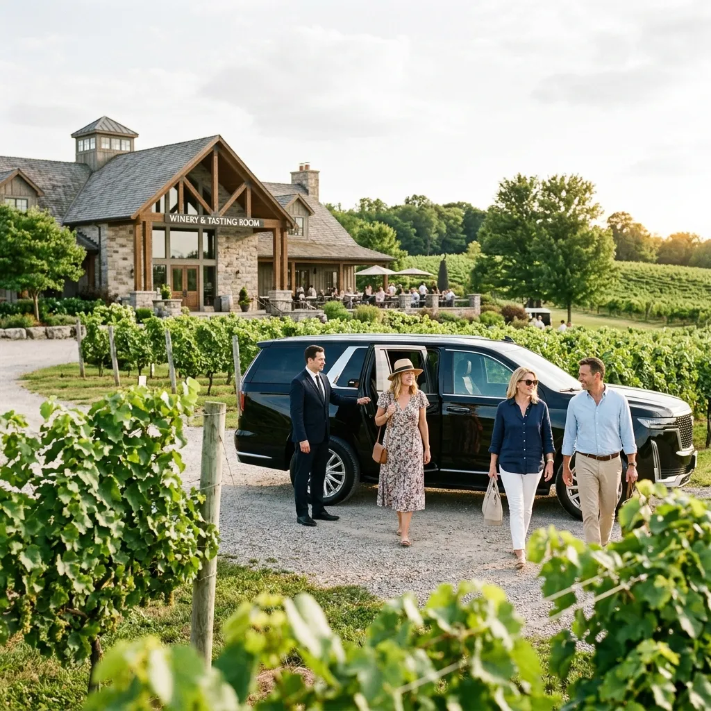 Professional chauffeur welcoming passengers at a Niagara on the Lake winery during a private wine tour
