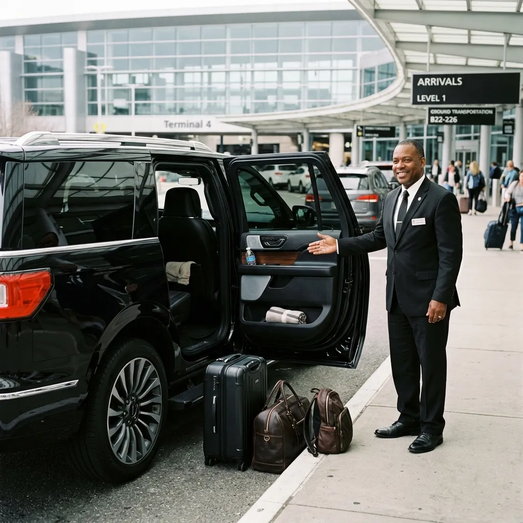 Professional chauffeur beside a clean luxury SUV prepared for airport pickup in Niagara Falls