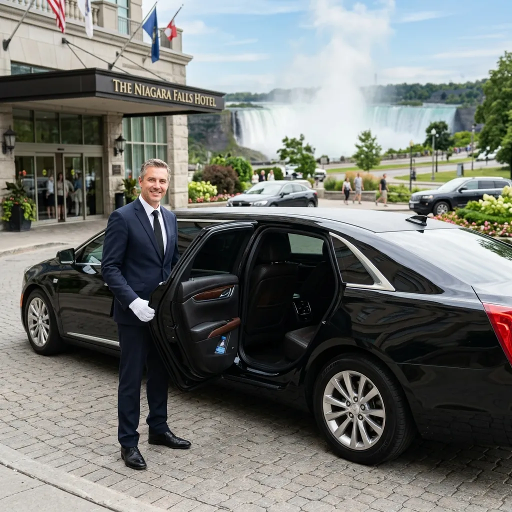 Professional chauffeur standing beside a clean luxury limousine outside a Niagara Falls hotel