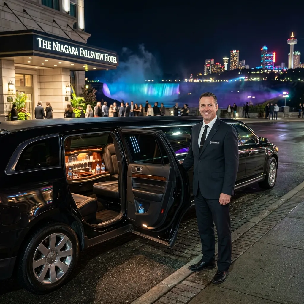 Professional chauffeur standing beside a clean luxury limousine during a Niagara Falls night out