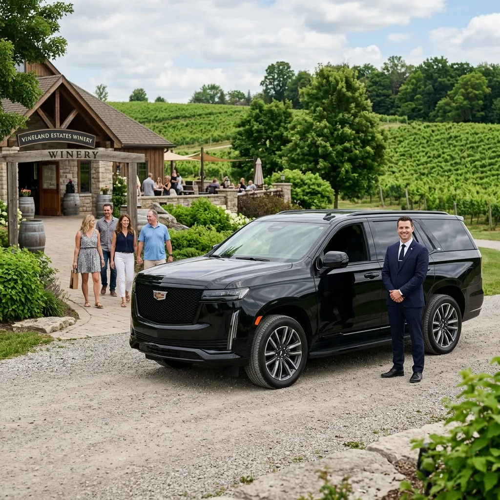 Professional chauffeur standing beside a clean luxury SUV at a Niagara Region winery