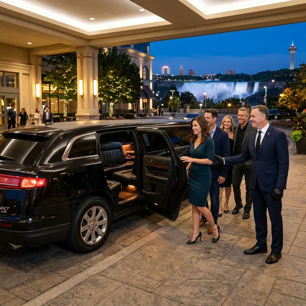 Professional chauffeur beside a clean stretch limousine for a Niagara Falls bachelor or bachelorette celebration
