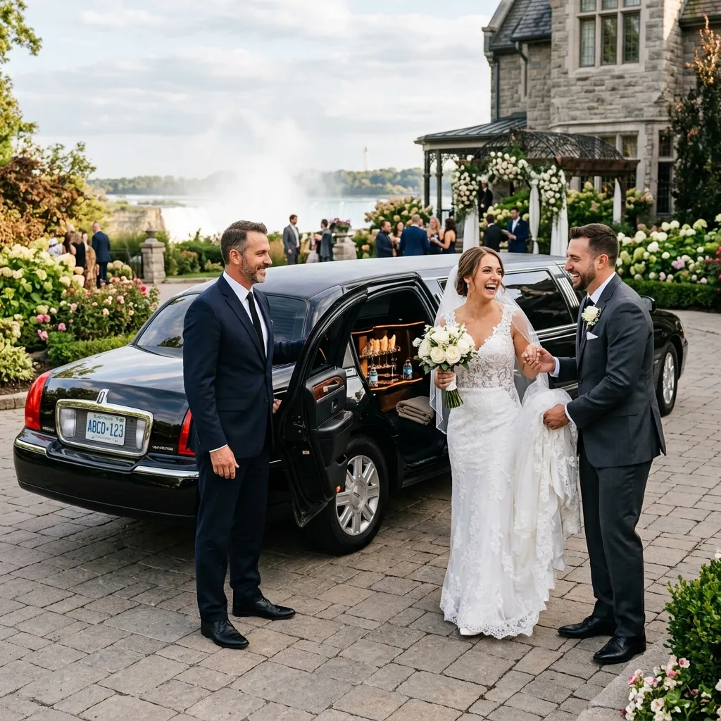 Professional chauffeur providing luxury wedding transportation for a bride and groom in Niagara Falls